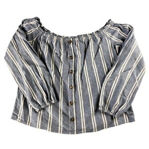 Guess Womens Small Blue White Pin Stripe Off Shoulder Linen Blend Top